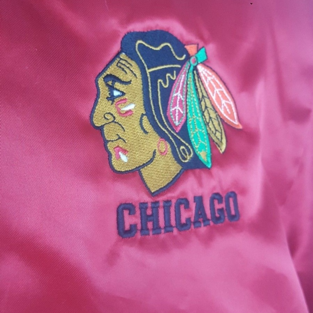 Vtg Chicago Blackhawks NHL Hockey Red Satin Bomber - Picture 2 of 5